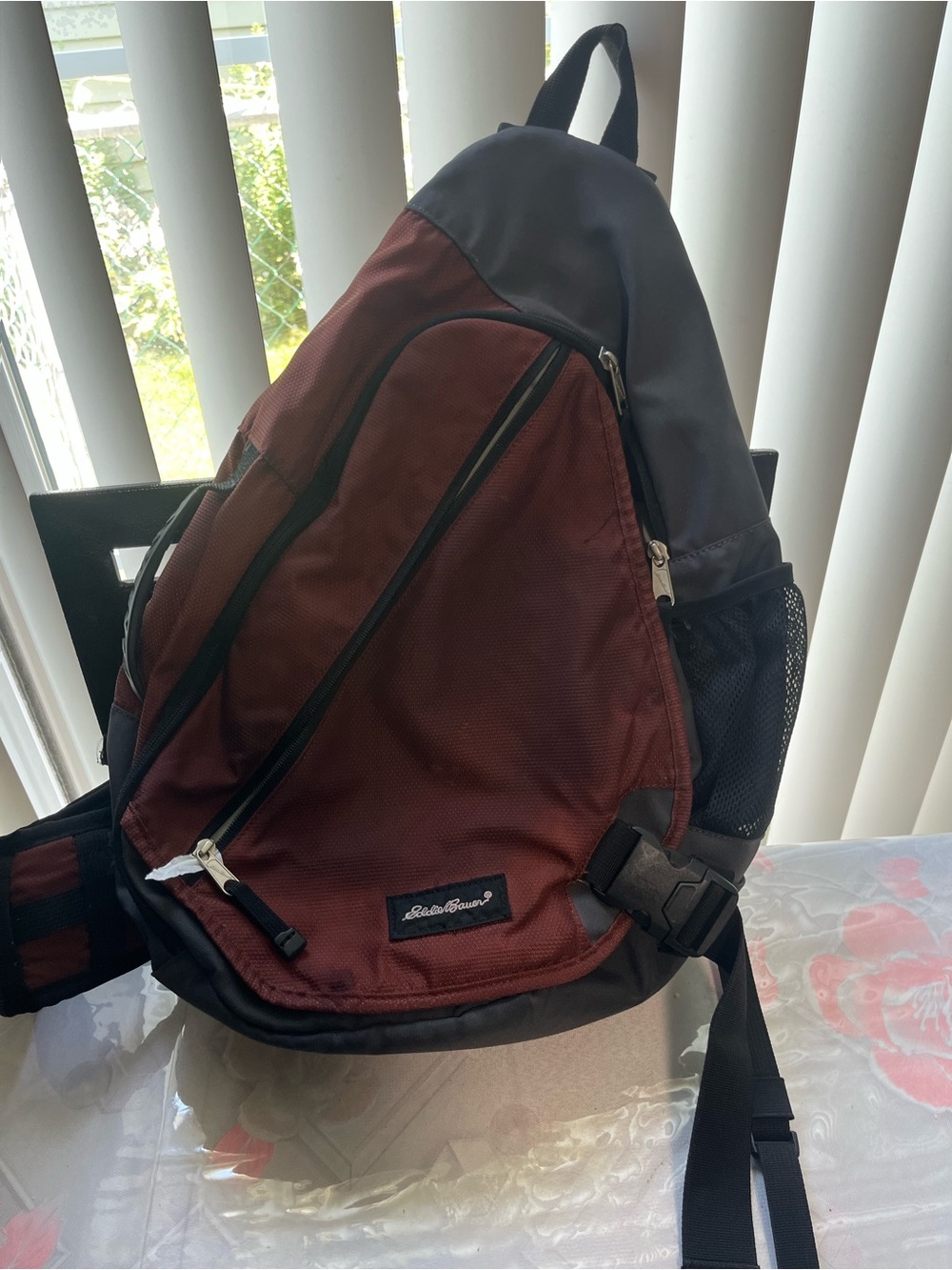 Eddie Bauer Burgundy and Black Sling Backpack